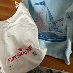 Pink Palm Puff Light Blue 'Chase the Sun' Sweatshirt size Small